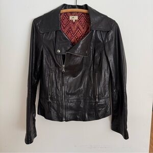 June Black Leather Moto Jacket Ikat Silk Lining Asym Zip Size S